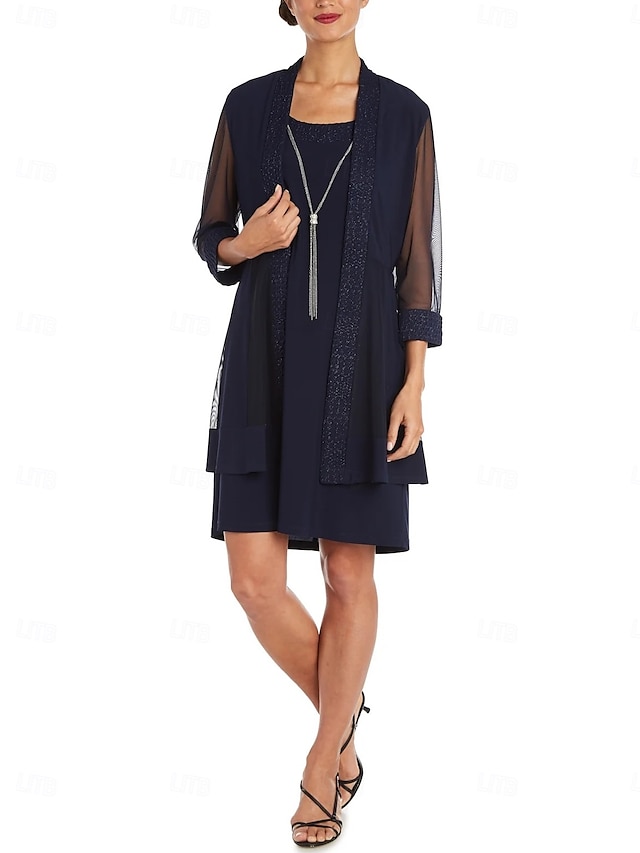  Sheath  Säulen Kleid Strandhochzeitsanzug Mutter der Braut Kleid Eleganter Vintage Schmuckhals Knielang Chiffon 3/4 Länge Ärmeln Jacke Kleider mit Band  Schleife Einfarbig