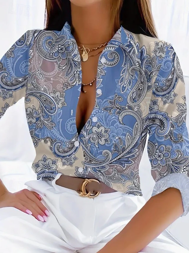 Women's Shirt Button Down Tunic Shirt Collar Long Sleeve V Neck Blue Spring Fall Winter4