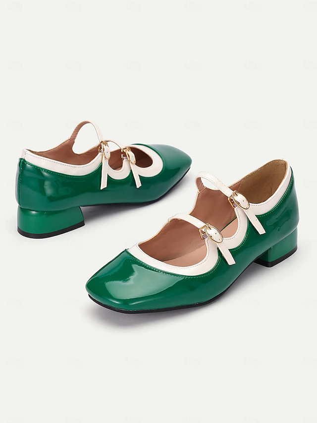 Retro Green Patent Leather Mary Jane Shoes – Women's Vintage Double-Strap Low Block Heels for Casual and Cosplay Wear 13