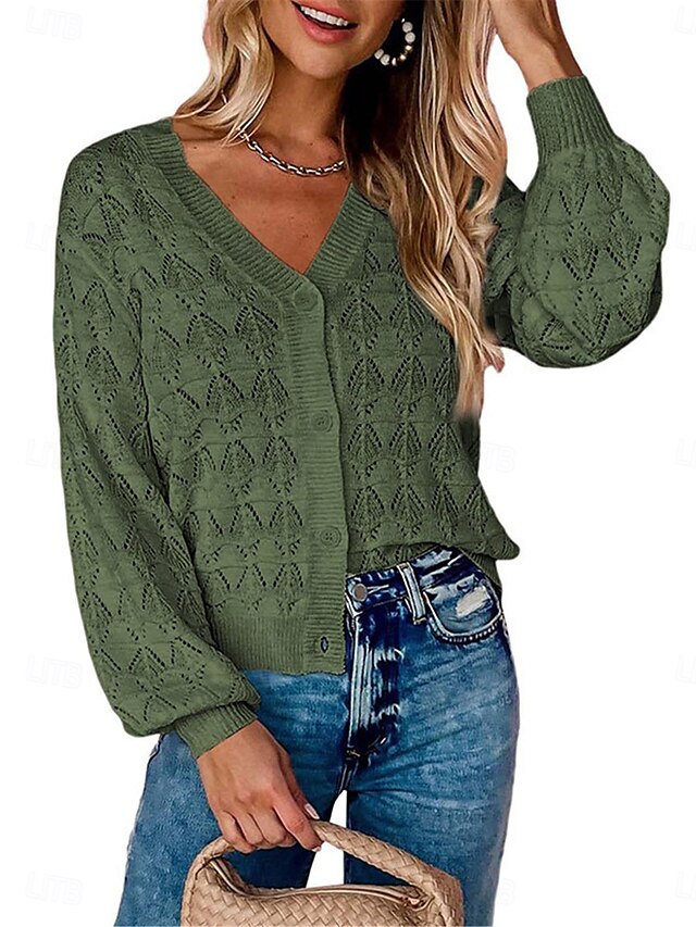  Dame Bluse Cardigan Afslappet Blødt Ren farve Hæklet V-hals Knapper Lomme Strikket Langærmet Almindelige toppe Strikke udendørs Daglig Weekend Grøn Kakifarvet Sommer Forår