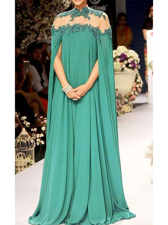 A-Line Evening Gown Elegant Dress Formal Wedding Guest Floor Length Sleeveless High Neck Fall Wedding Guest Chiffon with Appliques Pure Color 6