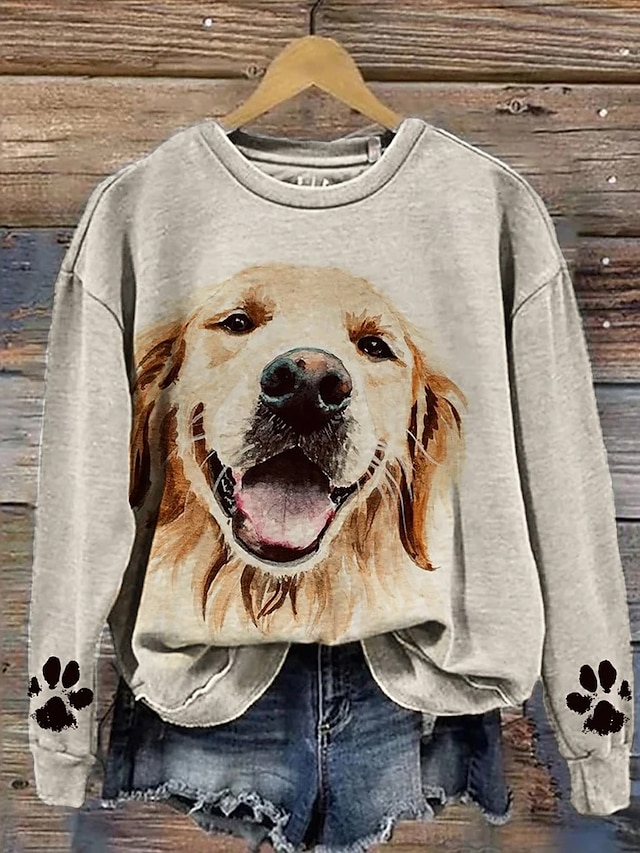  pull femme décontracté chien vêtements de tous les jours décontracté col rond imprimé manches longues beige automne hiver