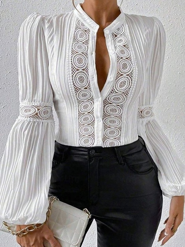  Damen Hemd Bluse Feste Farbe Basic Brautkleider schlicht Langarm V Ausschnitt Normale Oberteile Täglich Spitze Patchwork Knopf Weiß Sommer Frühling Herbst