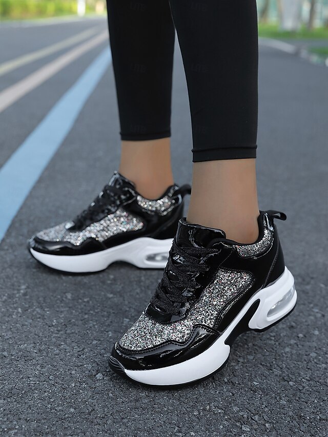 Women's Glitter Platform Sneakers with Air Cushion Sole – Sparkling Black Lace-Up Athletic Shoes for Casual and Party Wear 18