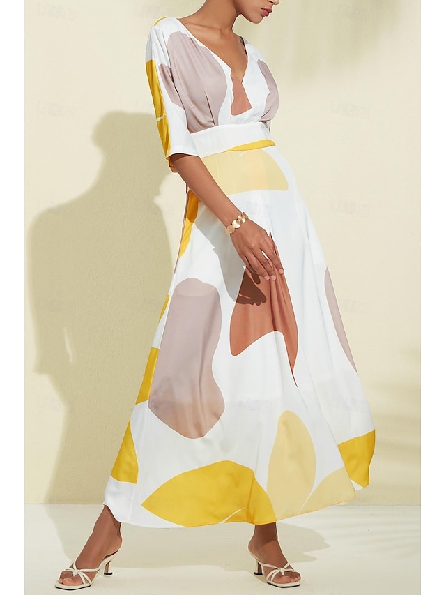  Abito maxi con scollo a V floreale con tasche in raso