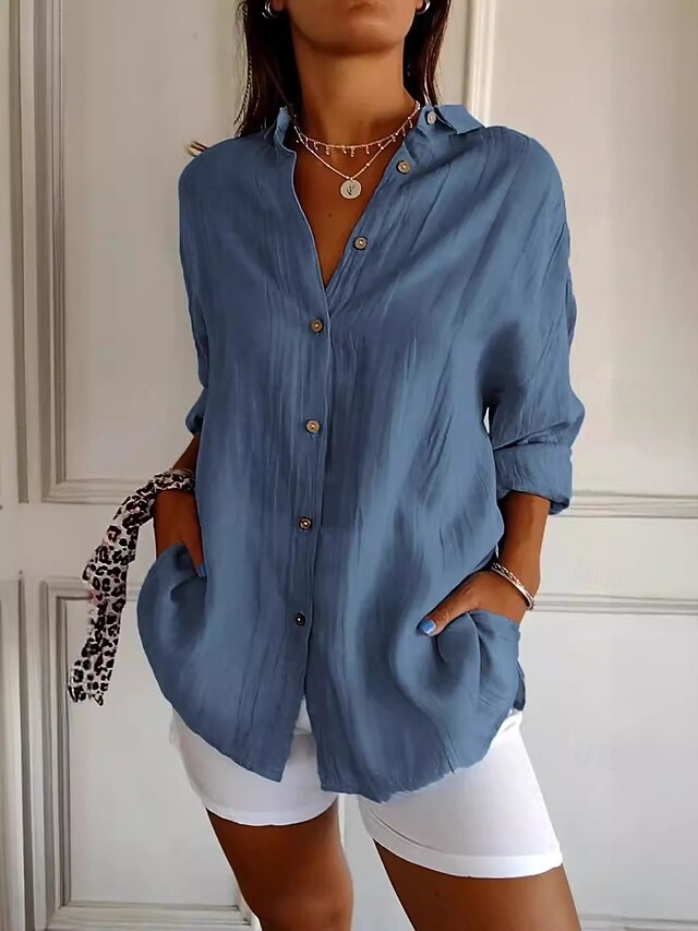 Women's Shirt Button Up Blouse Solid Color Basic Casual Long Sleeve Bishop Sleeve Shirt Collar Regular Tops Vacation Daily Patchwork Buttons Pink Blue Khaki Fall Winter4