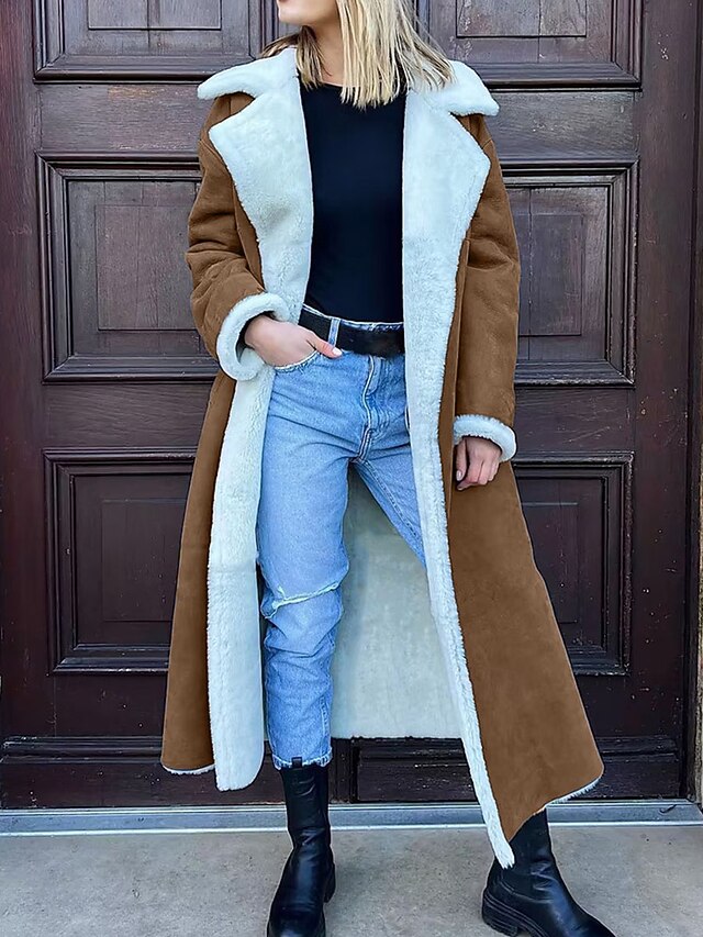 Women's Fleece Jacket Teddy Coat Warm Breathable Pocket Fleece Lined Casual Plain Vacation Street Daily Wear Going out Open Front Long Turndown Regular Fit Long Sleeve Outerwear Black Camel Green 5