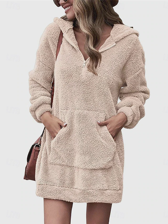 Women's Hoodie Dress Mini Dress Pocket Fleece Casual Hooded Long Sleeve Pink Khaki Gray Color 7