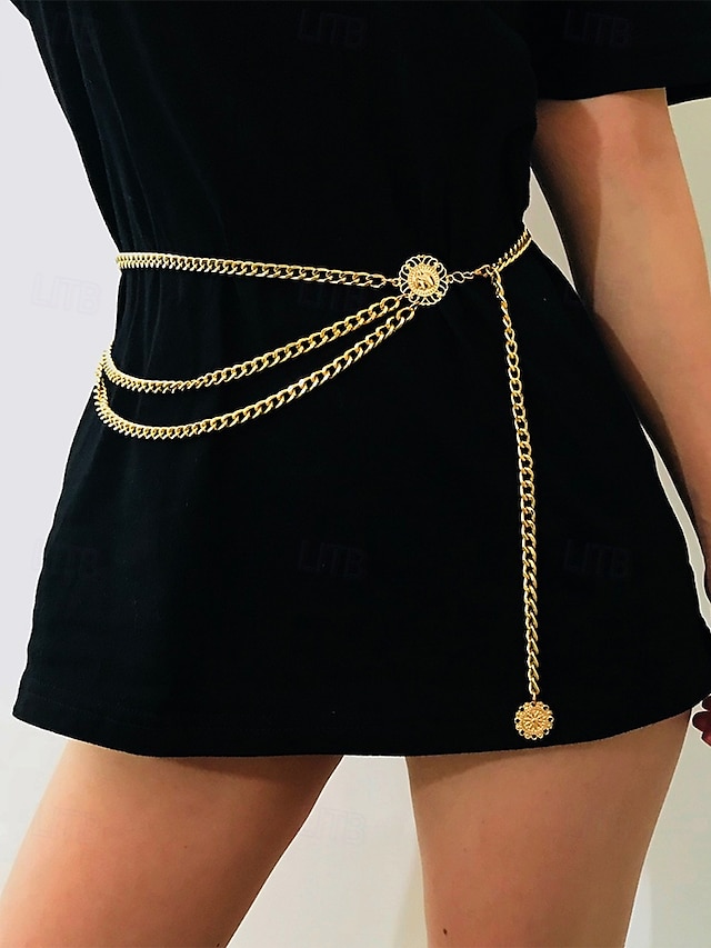  Women's Gold Chain Belt with Multi-Layer Design and Decorative Medallions - Perfect for Dresses, Evening Wear, and Party Looks