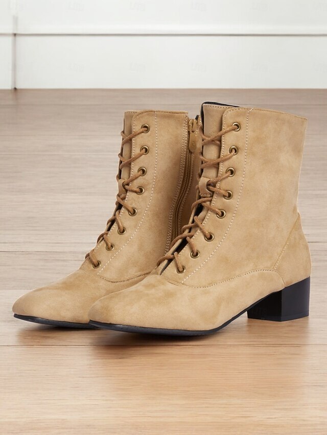Women's Tan Suede Lace-Up Mid-Calf Boots with Side Zipper – Vintage Casual Shoes for Everyday Wear 12