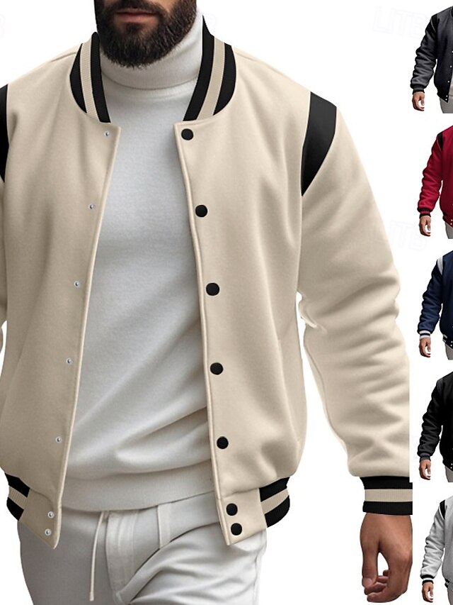  Men's Lightweight Jacket Casual Jacket Varsity Jacket Daily Vacation Wearproof Pocket Spring &  Fall Color Block Fashion Classic Stand Collar Regular Dark Gray Black Red Navy Blue Light Grey Jacket