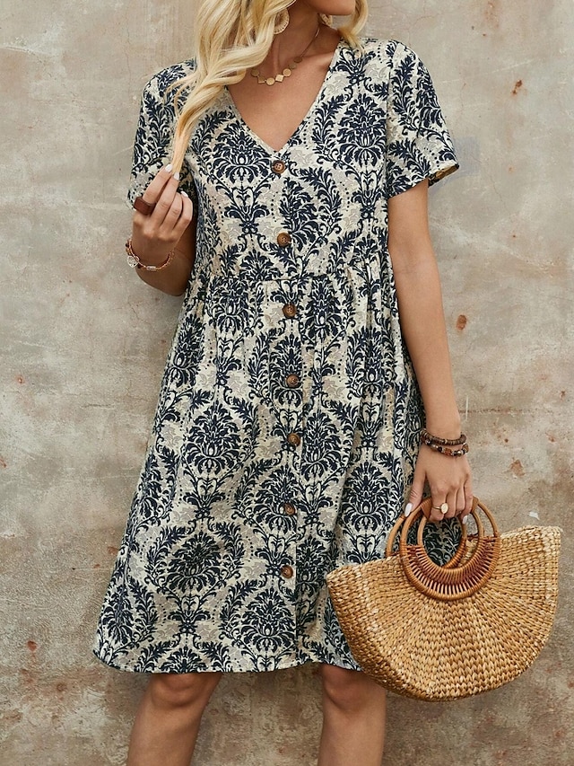  Pentru femei Rochie Mini Rochie casual Rochie Boho Epocă Casual Zilnic Fit regulat Floral Manșon scurt În V Albastru piscină Maro Trifoi Vară Primăvară Toamnă