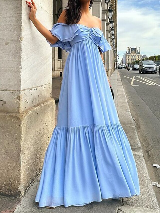  Damen Casual kleid Maxidress Rüsche Rückenfrei Brautkleider schlicht Schulterfrei Kurzarm Blau Fuchsie Grün Farbe