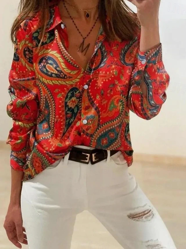 Women's Shirt Button Down Tunic Shirt Collar Long Sleeve Hawaiian Casual Graphic Regular Tops s Print Regular Fit Work Daily Red Holiday Clothes4