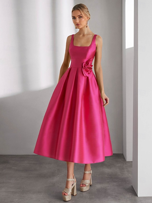  A-Line Cocktail Dresses Elegant Dress Formal Wedding Tea Length Sleeveless Square Neck Satin with Glitter Slit Shouder Flower 2024