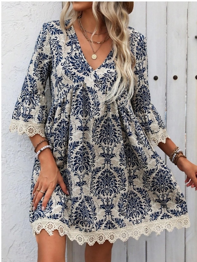  Damen Minikleid Casual kleid Boho-Kleid Brautkleider schlicht Täglich Regular Fit Blumen 3/4 Ärmel V Ausschnitt Wein Blau Grün Sommer Frühling Herbst