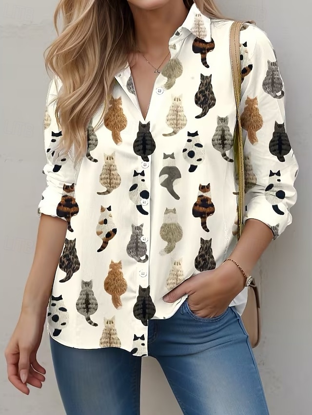  Camicia da Donna Stampa Animale con Maniche Lunghe Beige Primavera Autunno