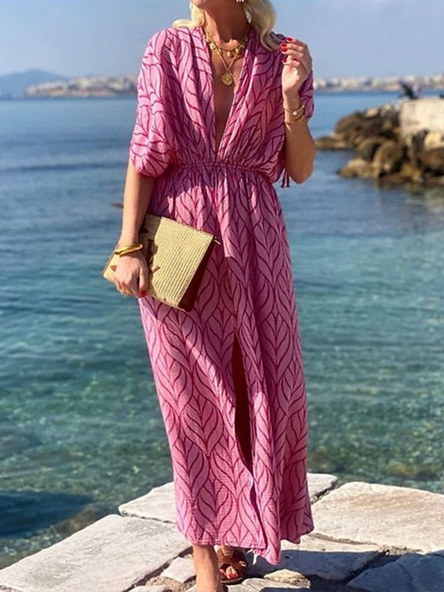  rochie maxi dama cu decolteu in V cu jumatate de maneca vara primavara
