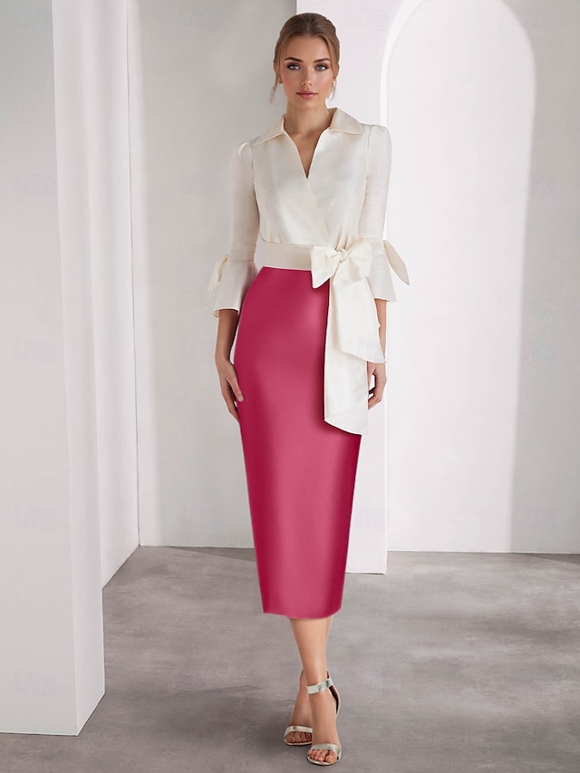  Sukienki koktajlowe typu sheath  kolumnowe plażowe wesele elegancka sukienka formalna Walentynki tea length półrękaw kołnierzyk różowa sukienka satyna z kokardami