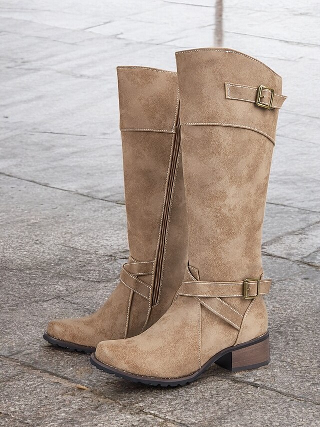 Women's Tan Knee-High Riding Boots – Faux Suede with Buckle Detail, Low Heel, and Rugged Sole for Fall & Winter Fashion 12