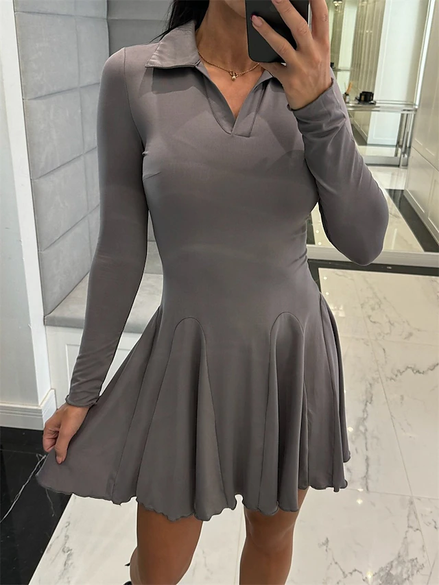 Women's A Line Dress Mini Dress Ruffle Date Vacation Elegant Lapel Long Sleeve Black Coffee Gray Color 6