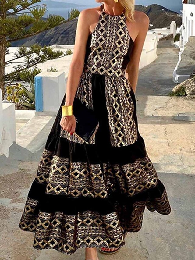 Women's Geometric Halter Neck Maxi Dress Sleeveless Summer Spring4