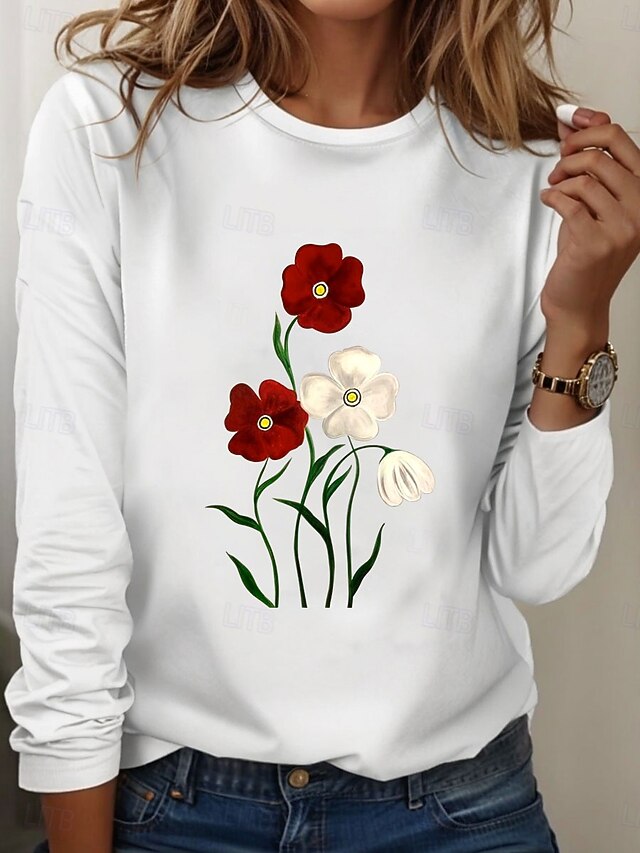 Women's 100% Cotton Tunic T Shirt Fashion Casual Print Long Sleeve Regular Tops Crew Neck Daily White Spring Fall Prefall4