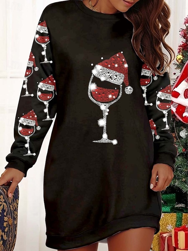  Vánoční dámské šaty s mikinou maxi šaty casual petite šaty shift šaty elegantní stylové prázdniny party regular fit Claus dlouhý rukáv kulatý výstřih černá a bílá černá světlá