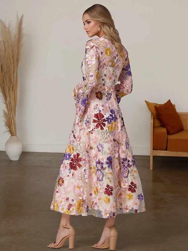 Weitese Dress A-Line Elegant Dress Formal Wedding Floor Length Long Sleeve V Neck With Floral Print Wedding Guest Dress Evening Dress