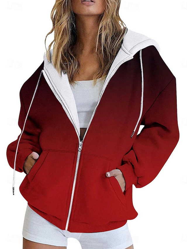 Women's Hoodie Jacket Outdoor Street Daily Wear Fall Winter Regular Coat Regular Fit Thermal Warm Breathable Stylish Casual Jacket Long Sleeve Color Gradient Stripes and Plaid with Pockets Full Zip4