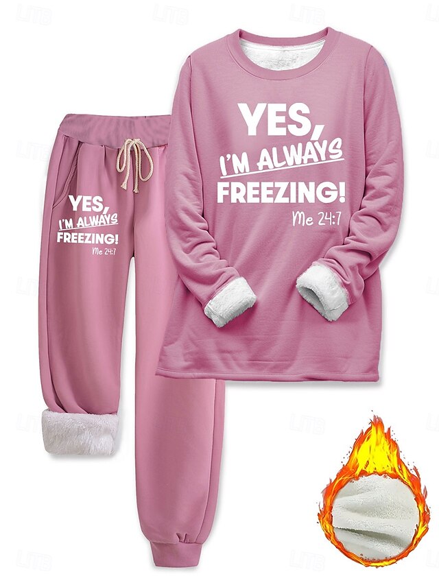 Women's Pajamas Set Fleece Lined 2 Pieces Sweatshirt Tracksuits Loungewear Set Pyjamas Fleece Fluffy Long Sleeve Top and Pant Text Print Comfort Casual Home Wear Drawstring Solid Cozy Winter 10