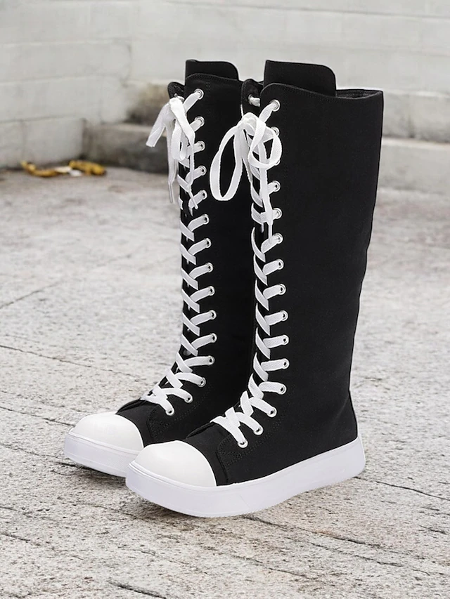 Women's Black Canvas Knee-High Lace-Up Boots with White Sole – Retro-Style Casual Footwear for Everyday Wear and Street Fashion 10