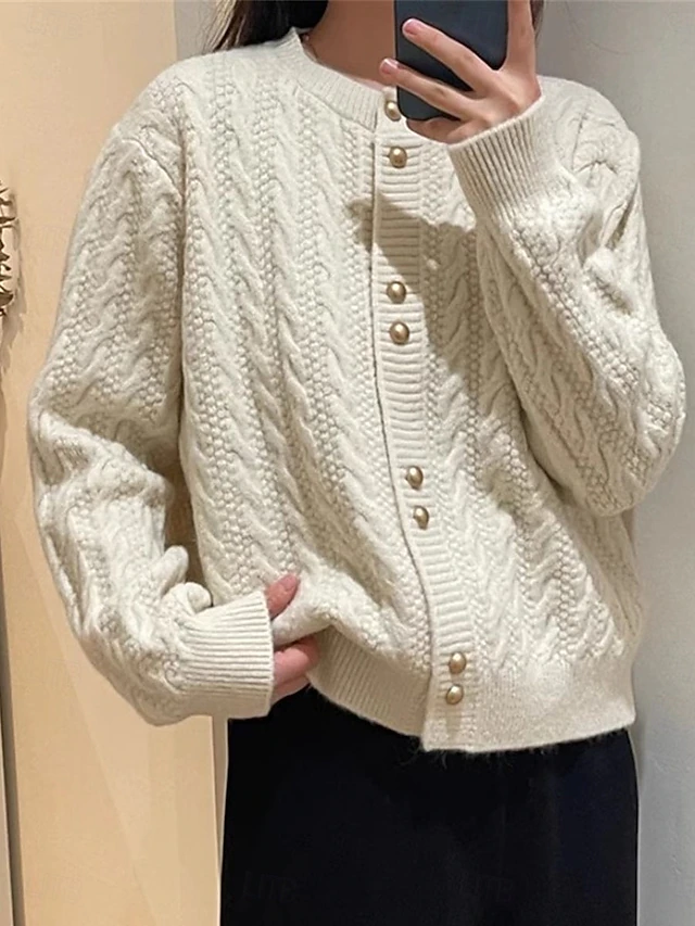 Women's Sweater Cardigan Casual Soft Pure Color Cable Crew Neck Buttons Knitted Long Sleeve Regular Tops Knit Outdoor Daily Weekend White Pink Fall Winter 11