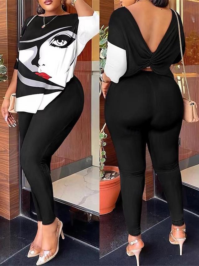  Femme Mode Vêtement de rue du quotidien T shirt Pantalon fuselé manche longue Col Ras du Cou Bloc de couleur Dos Nu Imprimer Casual du quotidien Blanche Jaune Beige Eté Standard
