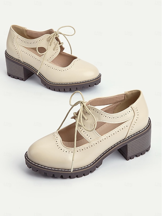  kremowe, sznurowane, damskie buty typu oxford z wycięciami i grubą podeszwą – obuwie casualowe vintage do noszenia na co dzień