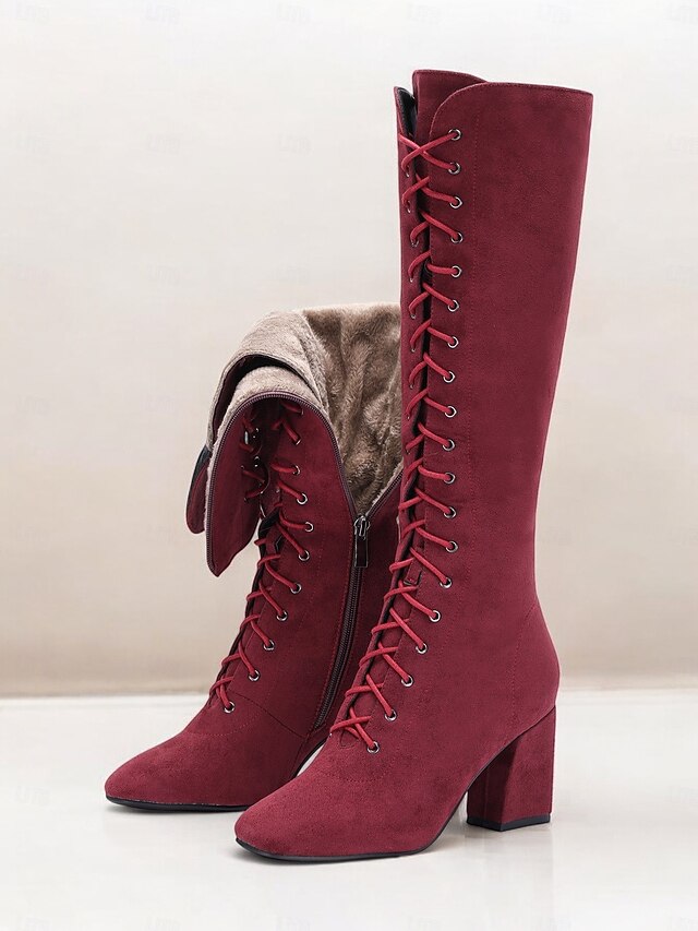 Women's Red Knee-High Lace-Up Boots with Block Heels & Plush Lining – Warm Winter Fashion Boots for Casual and Dressy Outfits 12