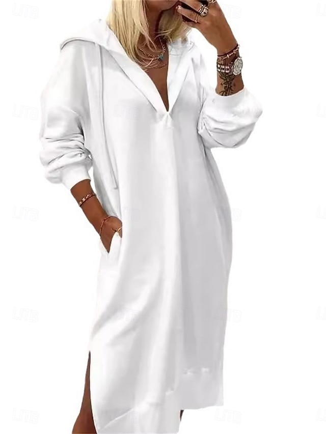  Dame Hvit kjole Maxikjole Lomme Delt Fritid Med hette Langermet Hvit Farge