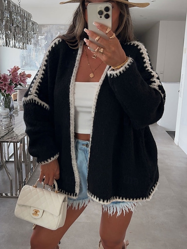  Dame Bluse Cardigan Afslappet Blødt Ren farve Rillet Åben Front Patchwork Strikket Flettet Langærmet Almindelige toppe Strikke udendørs Daglig Weekend Sort Lyserød Efterår Vinter