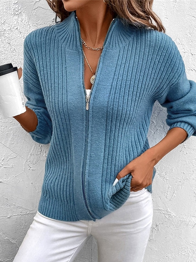 Women's Sweater Cardigan Casual Soft Pure Color Ribbed Stand Collar Zipper Knitted Long Sleeve Regular Tops Knit Outdoor Daily Weekend Blue Fall Winter 6