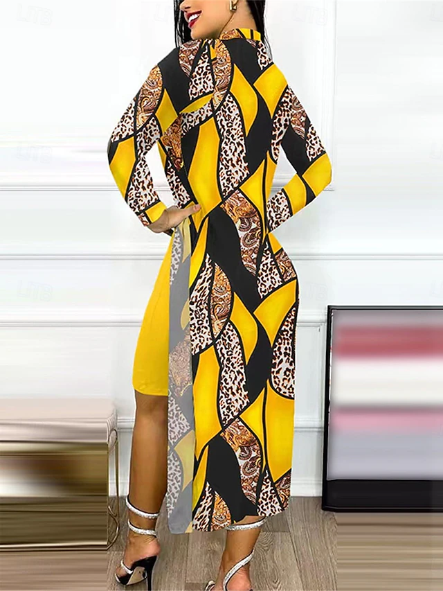 Women's Dress Set Casual Dress Casual Leopard Color Block Print Midi Dress Long Sleeve Stand Collar Outdoor Daily Yellow Red Navy Blue Summer Spring Regular Fit 7