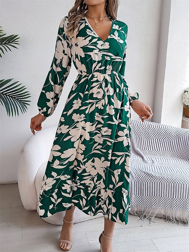  Mulheres Vestido midi Vestido casual Vestido Swing Vestido A Line Casual Diário Normal Floral Manga Longa Decote V Vinho Verde cáqui Verão Primavera Outono