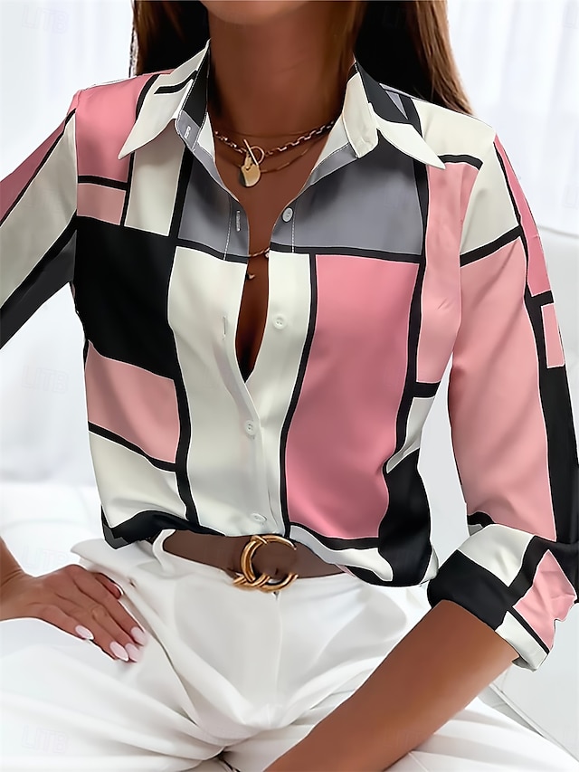  Femmes Chemise Plaid Occasionnel manche longue Col de chemise Hauts Réguliers Travail Quotidien Boutons Imprimé Rose Claire Printemps Automne Hiver
