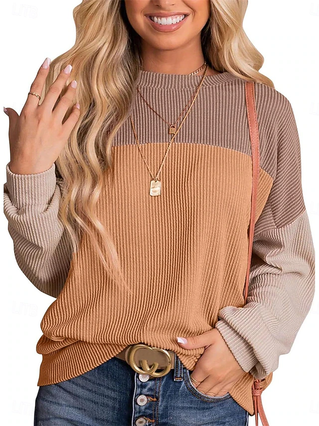 Women's Sweatshirt Casual Color Block Street Dailywear Crew Neck Patchwork Long Sleeve Pink Blue Khaki Fall Winter 10