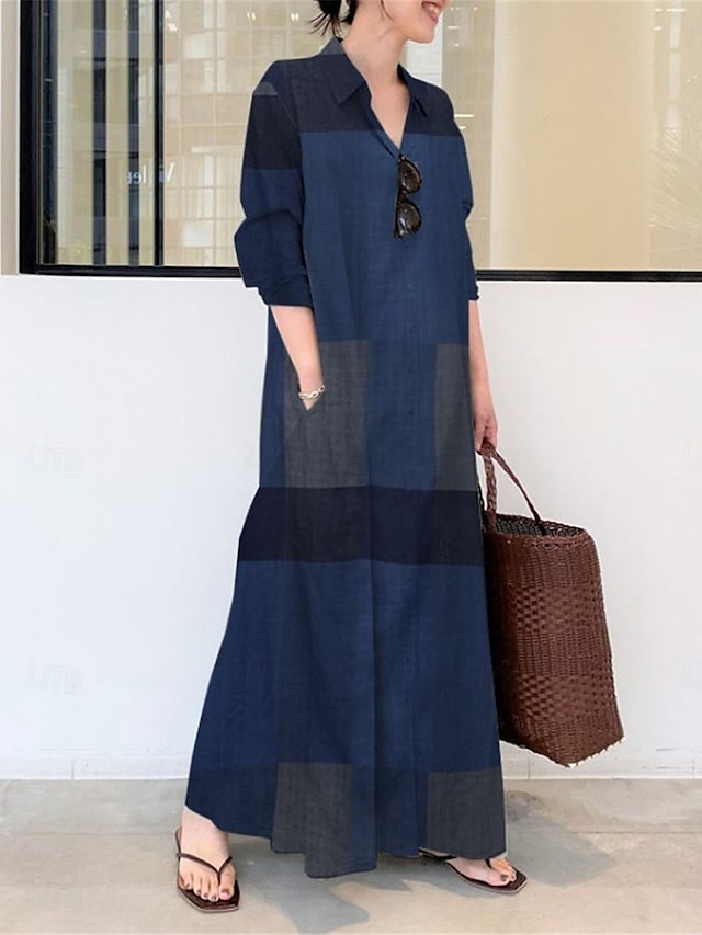  Vestido largo de mujer con cuello camisero a cuadros y manga larga para primavera y otoño