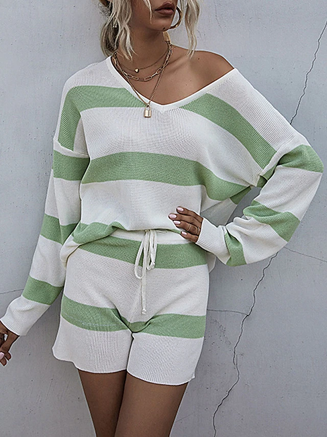 Women's Knit Two Piece Set Off-Shoulder Long Sleeve Drawstring Shorts Striped White Pastel Green Spring Autumn Casual Loungewear Comfortable Sizes 5