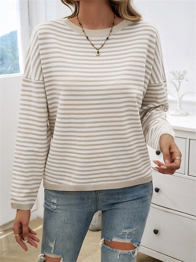 Women's Sweater Casual Soft Striped Ribbed Crew Neck Knitted Long Sleeve Regular Tops Knit Outdoor Daily Weekend Apricot Fall Winter 6