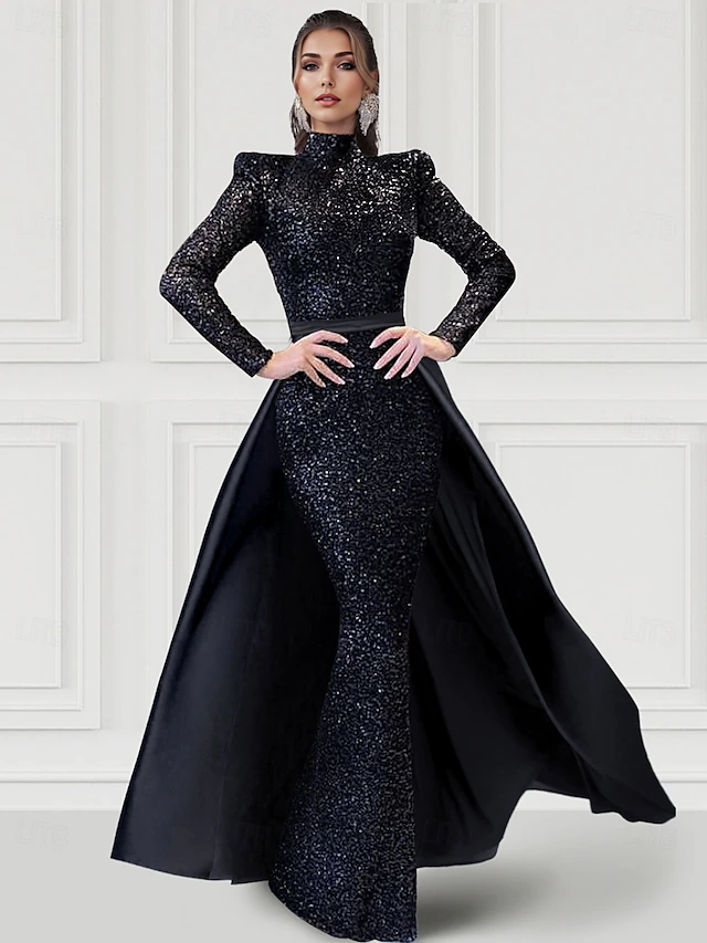Black Tie Sheath Column Evening Gown Elegant Dress Carnival Formal Floor Length Long Sleeve High Neck Detachable Satin with Glitter Sequin 6