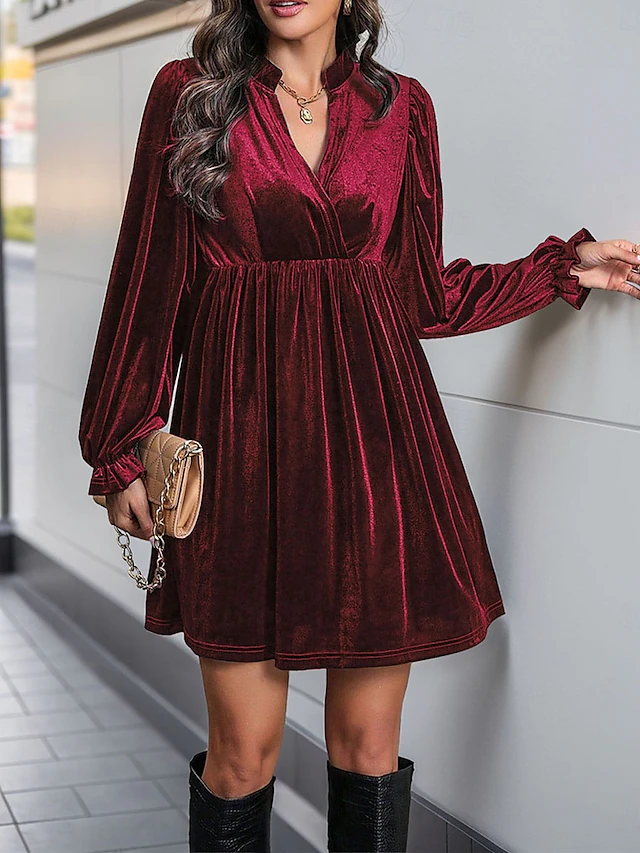 Women's Mini Dress Velvet Dress Cocktail Dress Plain Dress Casual Party Sports & Outdoor Street Regular Fit Plain Long Sleeve V Neck Wine Navy Blue Green Fall Winter 11