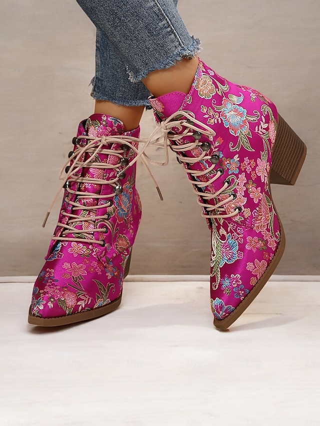  stivaletti allacciati con ricami floreali da donna - in raso rosa acceso con tacco spesso per outfit casual, da festa o boho-chic