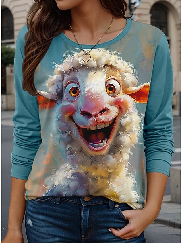  Koszulka T-shirt dla kobiet Okrągły dekolt Długie rękawy Tunika Zwierzęcy Casual Regularne góry Codzienny nadruk Niebieski Wiosna Jesień